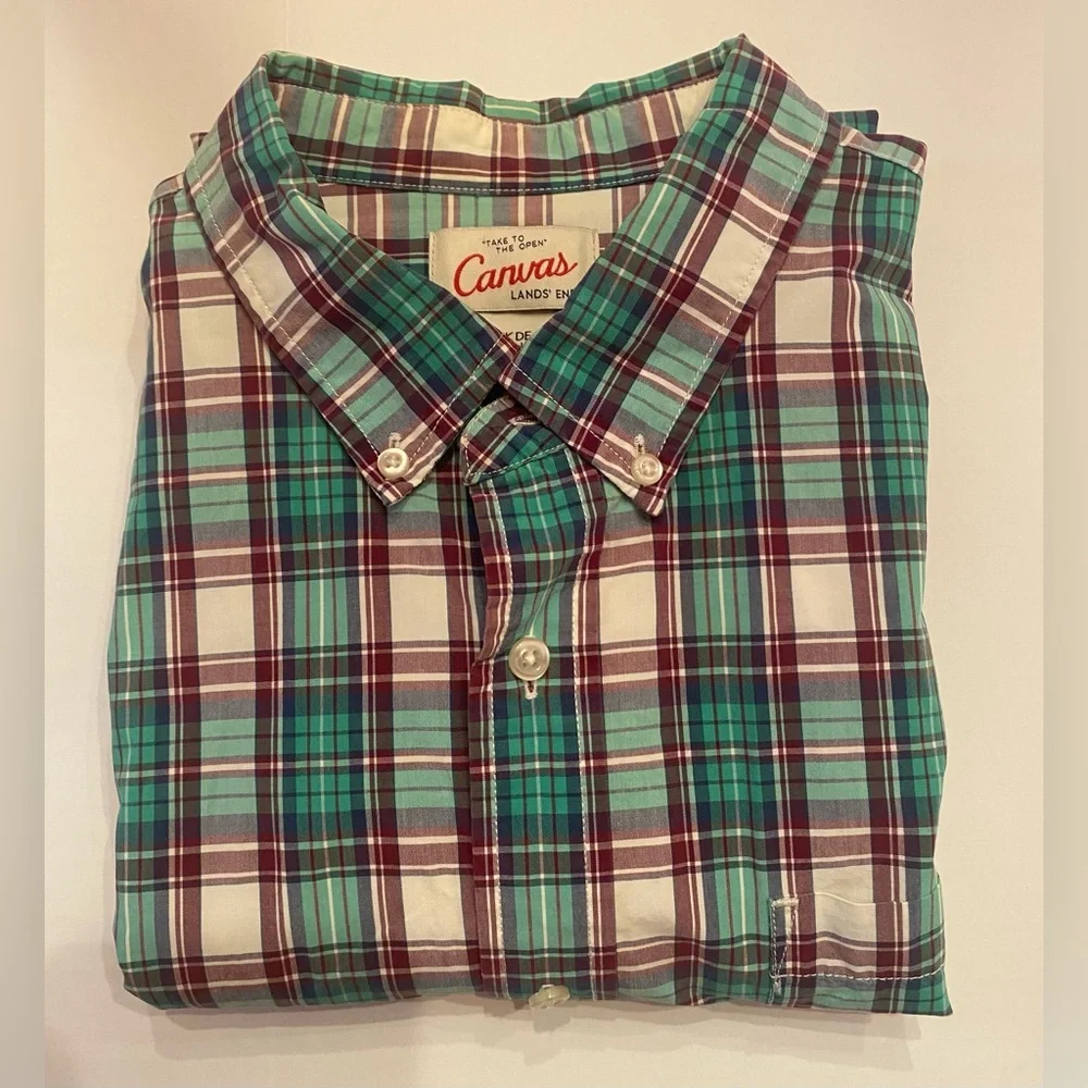 Lands End Canvas Men's Size Large Green Plaid Button Up Long‎ Sleeve Shirt